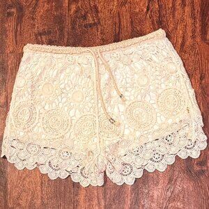 Canclay Shorts Lace Crochet Boho Floral Elastic Waistband Off White Medium New